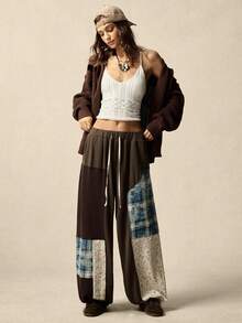 SoleilVie 女士复古拼接束口阔腿裤：小众设计，采用做旧格子和花卉印花，多色拼接工艺，中腰抽绳束口，宽松显瘦的休闲长裤 - 彩色 - 查看 6