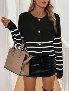 EMERY ROSE 新款宽松条纹圆领针织开衫，宽松舒适，版型显瘦，柔软舒适套头毛衣 - 黑色 - 查看 3