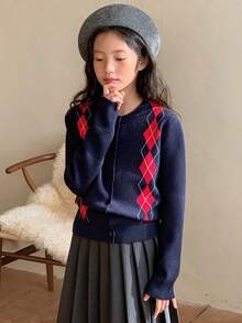 DAZY 少女日常通勤学院风菱格纹纽扣开衫，秋冬款 - 藏蓝色 - 查看 5