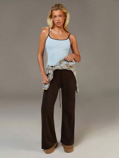 Athîral Women's Casual Everyday Blue And Brown Color-Blocked Fitted Camisole And Drawstring Flared Pants Set, Summer Set, Casual Sporty Loungewear Style, Comfortable And Soft Stretch Knit Fabric, Fitted Silhouette,Summer Outfit For Women