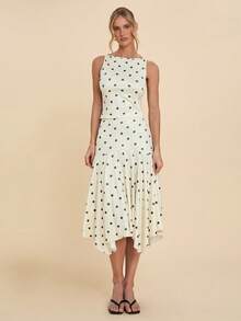 COSMINA 两件套女士优雅波点不对称下摆套装，百搭叠穿，适合约会和日常穿着，四季皆宜 - 杏色 - 查看 6