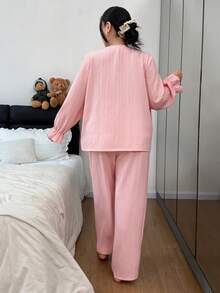 Dream Adore Plus Size 2pcs Princess Style Long Sleeve Pajama Set, Homewear Suit, Winter Clothes - Pink - View 2
