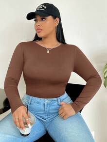 SHEIN EZwear 大码纯色圆领常规肩部长袖连体衣，适合秋冬季、圣诞节、新年、感恩节、派对、婚礼、海滩、毕业典礼等场合，时尚优雅，休闲百搭，适合外出、约会、预约、通勤等各种场合。 - 棕色 - 查看 13