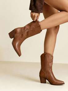 Daringsoles Women's Brown PU Leather Casual Outdoor Western Style Mid-Calf Boots, Side Zip, Embroidered, American Style Short Boots, Versatile, Pointed Toe, Block Heel For Christmas - Brown - View 4