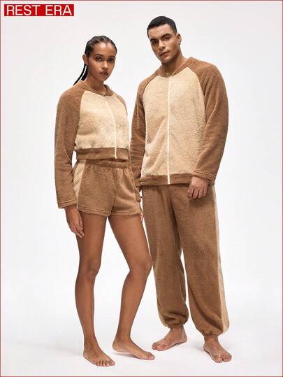 Rest Era סט פיג'מה רך ונוח לגברים, פליז עם רוכסן, סתיו/חורף