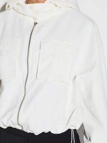 KIZN Women's Cropped Zip Up Hoodie Jacket With Adjustable Drawstring Hem And Ribbed Cuffs For Casual Layering - White - View 4