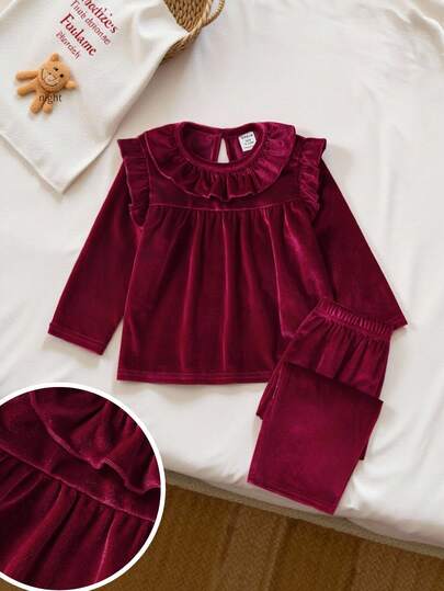 SHEIN 2pcs Baby Girls' Ruffle Collar Elastic Waist Comfortable Christmas Loungewear Set