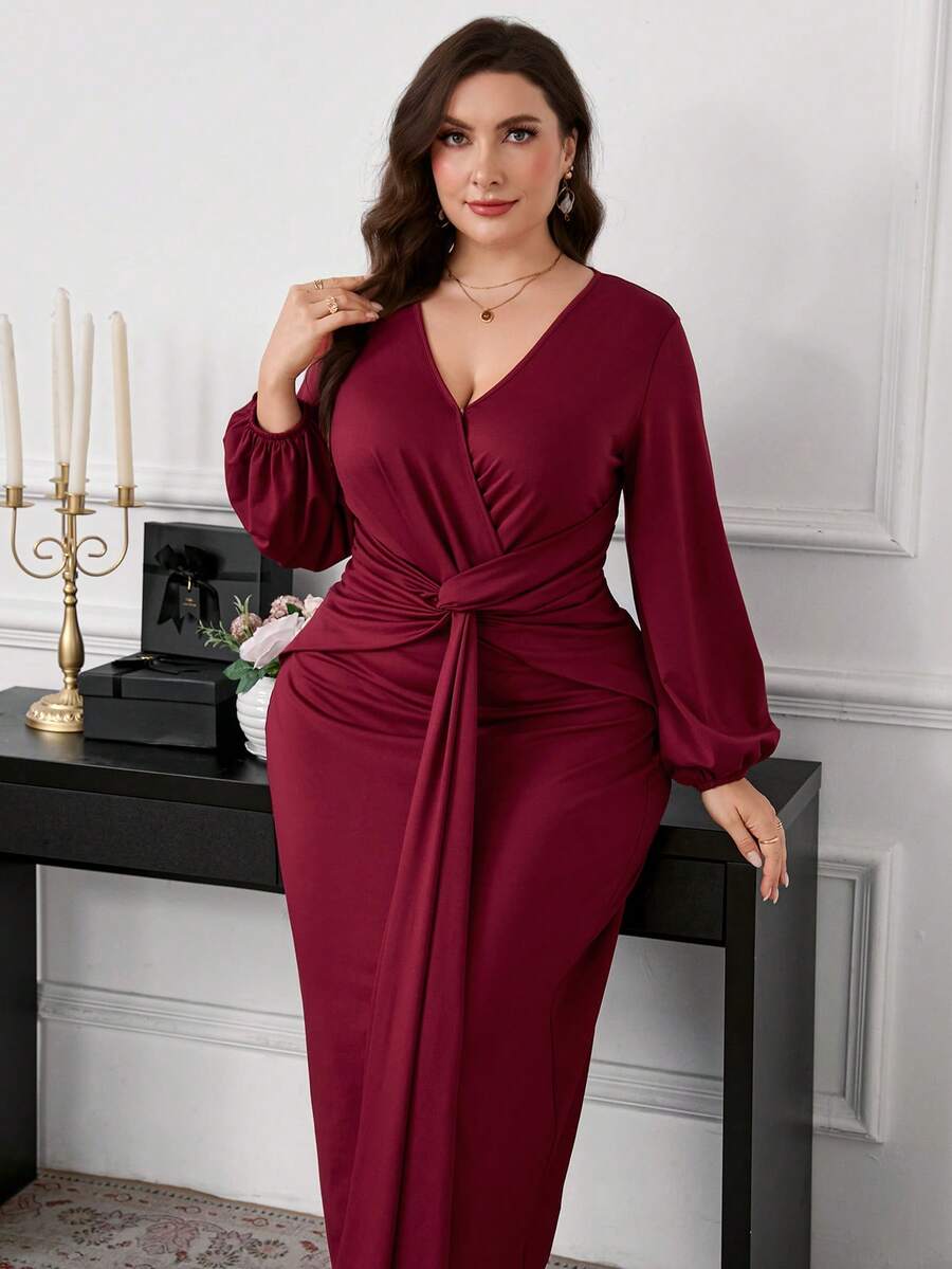 SHEIN Clasi Plus Size Women Long Sleeve Dress, Elegant Twist Knit Stretchy Dress For Autumn/Winter New Year Outfit - Burgundy - View 1