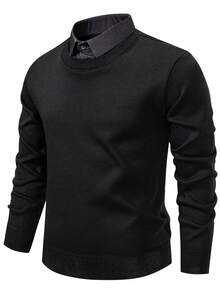 Manfinity Mode Men's Thermal Lined Casual Turndown Collar 2 In 1 Long Sleeve Sweater, Autumn/Winter Black Long Sleeve Sweater