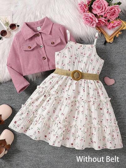 SHEIN Genkimix Kids Set de 2 piezas: Chaqueta de manga larga con cuello de solapa y vestido de tirantes con estampado floral de cintura elástica para niñas jóvenes, conjunto casual para uso diario y vacaciones, primavera/otoño