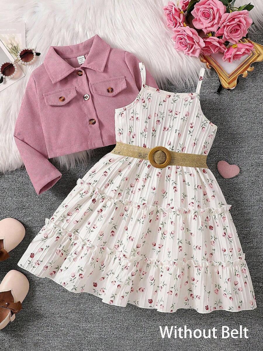 SHEIN Elladie kids 2件組少女夏季時尚翻領長袖外套與鬆緊腰花卉印花吊帶洋裝,親子款休閒度假穿搭 - 粉色 - 查看 1