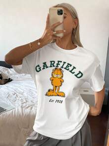 GARFIELD | SHEIN Áo thun nữ cổ tròn tay ngắn dáng rộng thoải mái, phù hợp cho mùa hè - trắng - Xem 5