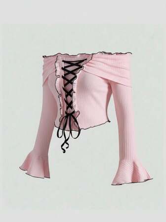 Kawaii Cute Pink Off Shoulder Tie-Up Contrast Color Blouse, Plus Size Pink Ladies Knit Sweater, Sweet Plus Size Women Autumn/Winter Daily Wear Top