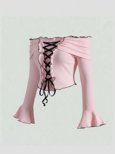 Kawaii Cute Pink Off Shoulder Tie-Up Contrast Color Blouse, Plus Size Pink Ladies Knit Sweater, Sweet Plus Size Women Autumn/Winter Daily Wear Top