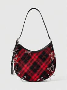 ROMWE Grunge Punk Bolsa de Ombro de Moda com Design de Broche Xadrez em Estilo Punk Feminino - Preto - Visão 1