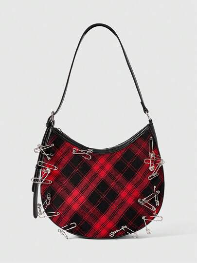 Grunge Punk Borsa a spalla da donna in stile punk con design a spilla scozzese