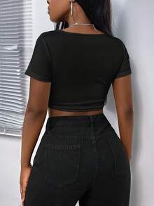 SHEIN EZwear Ladies' Summer Slim-Fit Casual Solid Front Button Cropped T-Shirt - Black - View 2