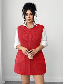 Elenzga 大码女式宽松针织圆领休闲无袖毛衣背心，带大口袋，纯色，秋冬款 - 紅色 - 查看 4