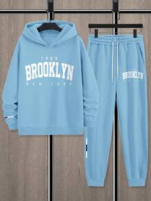 Manfinity Homme 2pcs Men's New York Slogan Print Casual Sweatshirt And Sweatpants Set, Fall/Winter Clothes - Baby Blue - View 4