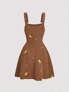 SHEIN MOD 复古棕色雏菊装饰前口袋吊带裙，冬季连衣裙，复古连衣裙，海盗风连衣裙，连衣裙，节日连衣裙，灯芯绒连衣裙 - 棕色 - 查看 2