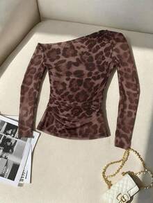Franclia 女士时尚豹纹网纱露肩长袖上衣 - 棕色 - 查看 7