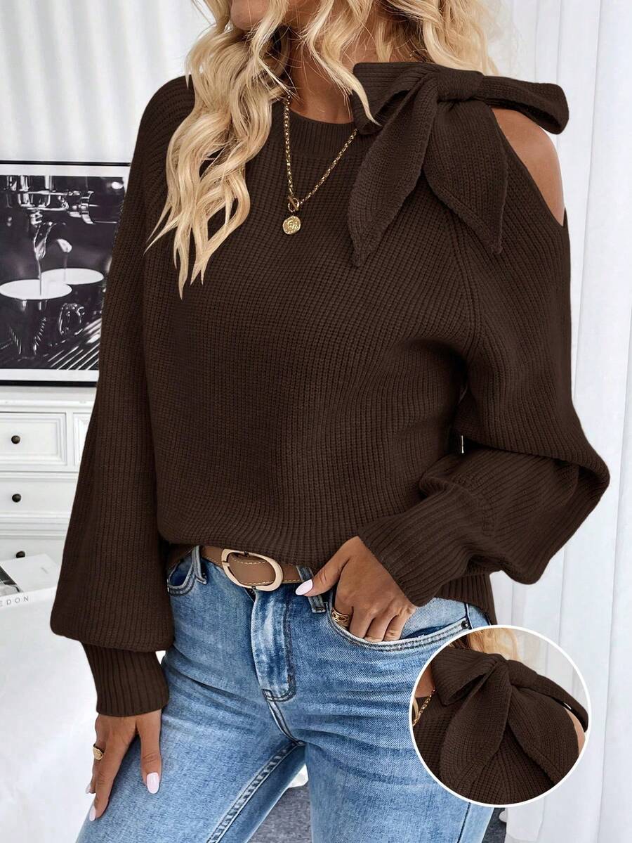 SHEIN LUNE Fashionable Solid Color Off-Shoulder Tie-Up Sweater, Versatile For Autumn/Winter - Coffee Brown - View 1
