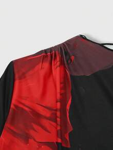 SHEIN Franclia Women's Fashionable Red & Black Floral Print Flare Sleeve Long Dress, Valentine's Day Dress - Multicolor - View 5