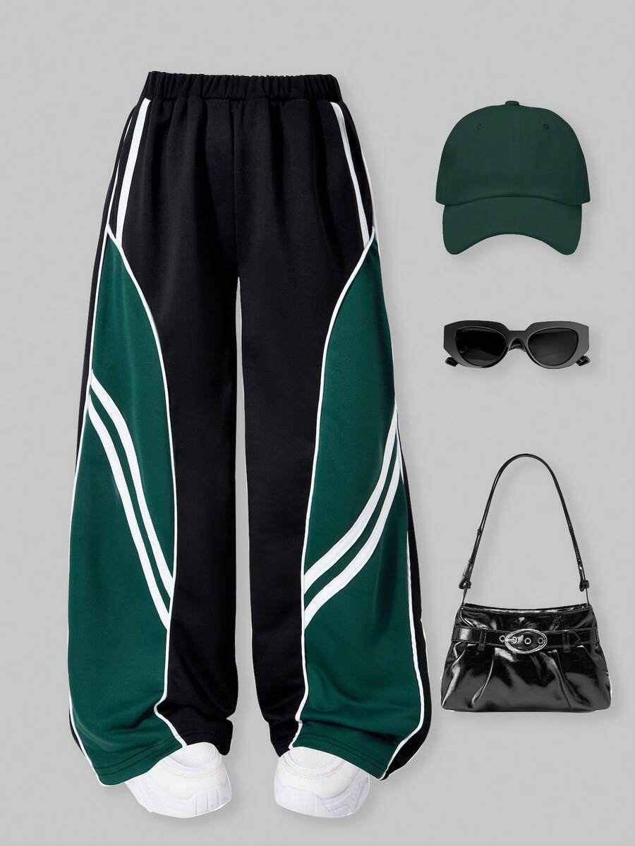 SHEIN ChillGRL Pantaloni larghi sportivi con blocchi di colore casual e ampi per ragazze pre-adolescenti, adatti per l'uso quotidiano, il tempo libero e l'abbigliamento da strada, primavera/estate - nero - Visualizzare 1