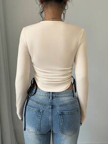 Selianne 女士休闲长袖T恤，侧边饰有蝴蝶结，配有抽绳，适合春季穿着，长袖露脐上衣 - 杏色 - 查看 2