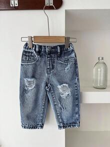 SHEIN Pantalones pitillo de mezclilla azul para niños pequeños - Azul lavado oscuro - Ver 6