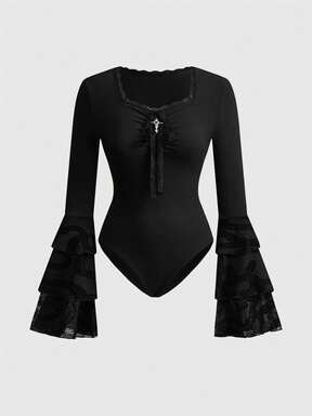 Gothic All-Match Versatile Snake Skin Flocked Flare Sleeve Bodysuit For Women