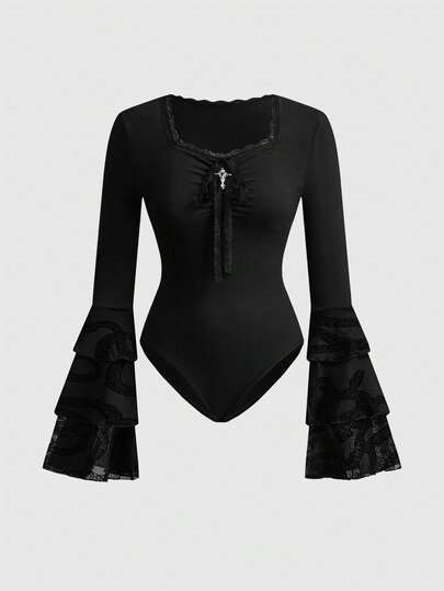 Gothic All-Match Versatile Snake Skin Flocked Flare Sleeve Bodysuit For Women