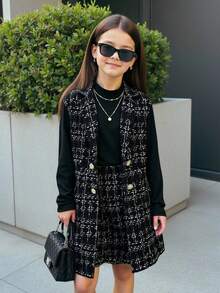 Firerie Kids Tween Girl Plaid Collar Double-Breasted Vest And A-Line Skirt Elegant Tweed 2-Piece Set, Autumn/Winter Outfit, Minimalist Everyday/Commute Wear, Suitable For Spring, Autumn, Winter, Vacation - Black - View 6