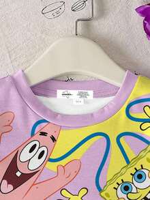 SpongeBob SquarePants | SHEIN Tween Girl Casual Cartoon Graphic Round Neck Short Sleeve T-Shirt, Summer - White - View 4