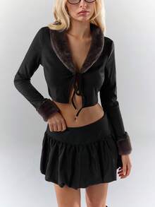 Glamine Women's Fashion Commuter Fur Collar Drawstring Cropped Jacket - Black - View 6