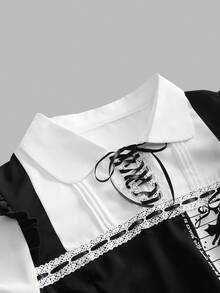 ROMWE Kawaii 可爱猫咪与音符印花领结长袖女式衬衫 - 彩色 - 查看 3