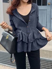 FRIFUL Women's Casual, Everyday, Workplace Commute Simple Solid Color Multi-Layer Ruffle Hem Button-Front T-Shirt, Spring/Autumn - Navy Blue - View 6