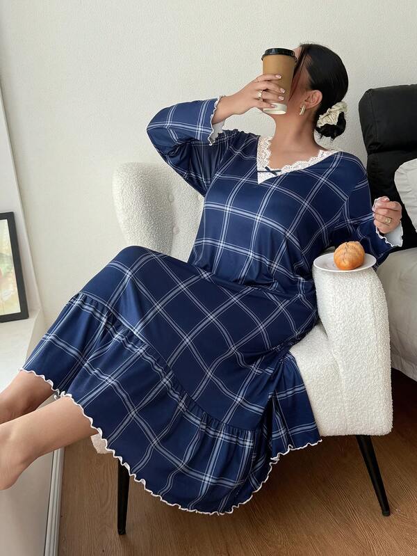 SHEIN Plus Size Women's Navy Blue Plaid Print Ruffle Trim Lace V-Neck Bow Tie Super Soft Milk Silk Long Sleeve Nightgown, Casual Comfortable Wear As Midi Dress, Moo Moo Night Dress