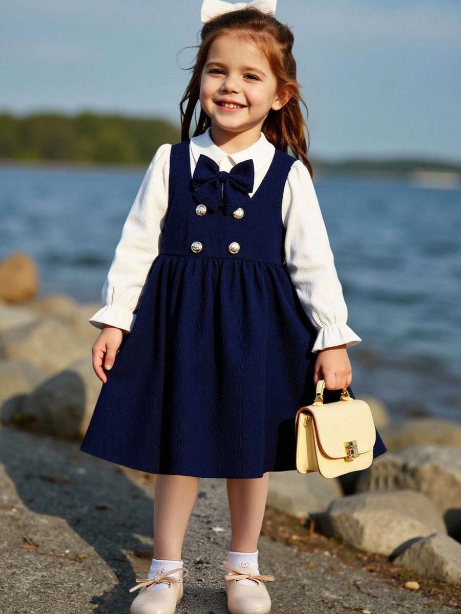 SHEIN Elladie kids 女童藏蓝色彼得潘领双排扣褶裥下摆长袖两用连衣裙,适合休闲、优雅、通勤、校园等场合。 - 寶藍色 - 查看 1