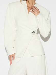 KIZN Shoulder Pad Balloon Sleeve Blazer With Metal Buckle Detail V-Neck Wrap Style Professional Office Jacket - White - View 5