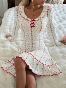 SHEIN Romantic Women's Short Dress With Floral Pattern, Bow Decor And Ruffle Hem Long Sleeve Nightgown, Winter - White - View 6