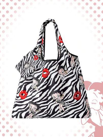 Betty Boop | ROMWE 大容量折りたたみトートバッグ コインポーチ付き、持ち運びできる ショッピングバッグ