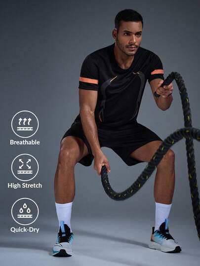  DRIFTMERE 男士夏季短袖运动套装（两件套），休闲运动圆领T恤+短裤，健身服