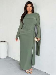 Firerie Váy dài tay nhún bèo thanh lịch dành cho nữ, váy dự tiệc/hẹn hò lãng mạn, màu xám xanh lá cây - màu xanh lá - Xem 3