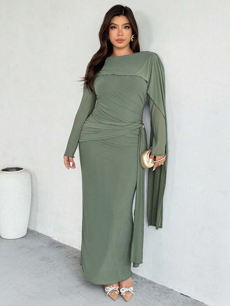Firerie 女士优雅褶皱长袖连衣裙，浪漫正式派对/约会礼服，灰绿色 - 綠色 - 查看 3