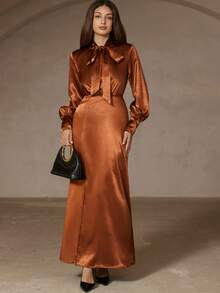 Chiquease Rust Brown Autumn Elegant Wedding Guest Women Satin-Feel Padded Shoulder Deep V-Neck Cinched Waist Slit Hem Metal Buckle Long Sleeve Maxi Shirt Dress - Brown - View 2