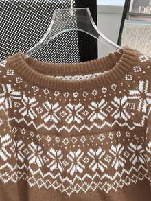 Franclia 女士休闲费尔岛图案圆领圣诞毛衣，秋冬款 - 咖啡棕 - 查看 4