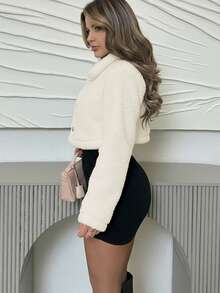 Jemour 女式纯色长袖单排扣短款仿皮草夹克，秋冬 - 杏色 - 查看 2