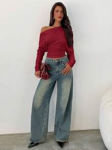 Aloruh Blusa de manga larga ajustada con cuello asimétrico de punto grueso y plisado de unicolor - Rojo - Ver 3