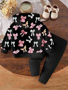 2 Peças Conjunto de Moletom com Capuz e Estampa de Laço e Legging Estampada para Menina Bebê 0-3 Anos, Adequado para Outono/Inverno, Uso Diário, Exterior, Doméstico, Básicos de Moda - Multicolorido - Visão 3